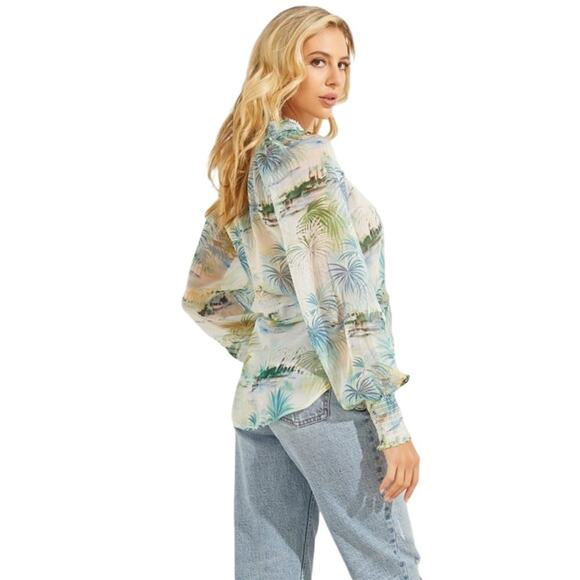 Guess NWT Charisse Chiffon Blouse Long Sleeve Tropical Print High Low Size M - Picture 7 of 14